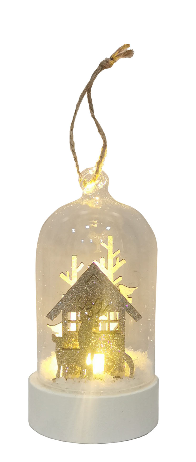 Glass ball with Wood Deer & House & Tree Hanging (with led light) 13cm.
